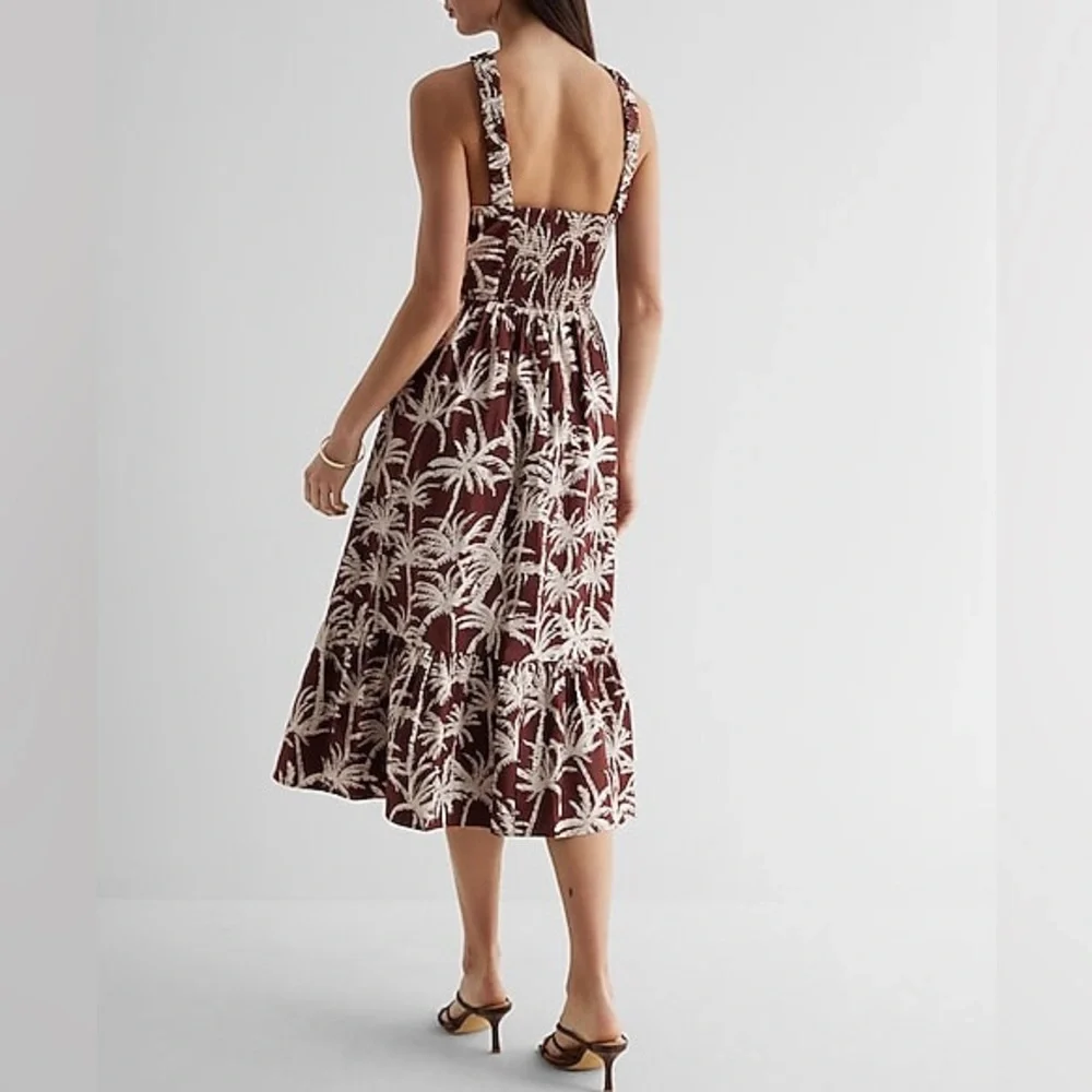 Express Cotton Blend Brown White Tropical Halter Neck Summer Brunch Midi Dress M - Picture 6 of 15